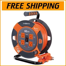 Power Reel with 60 ft SJTW Cable: 4 Outlets, Compact & Ergonomic Design