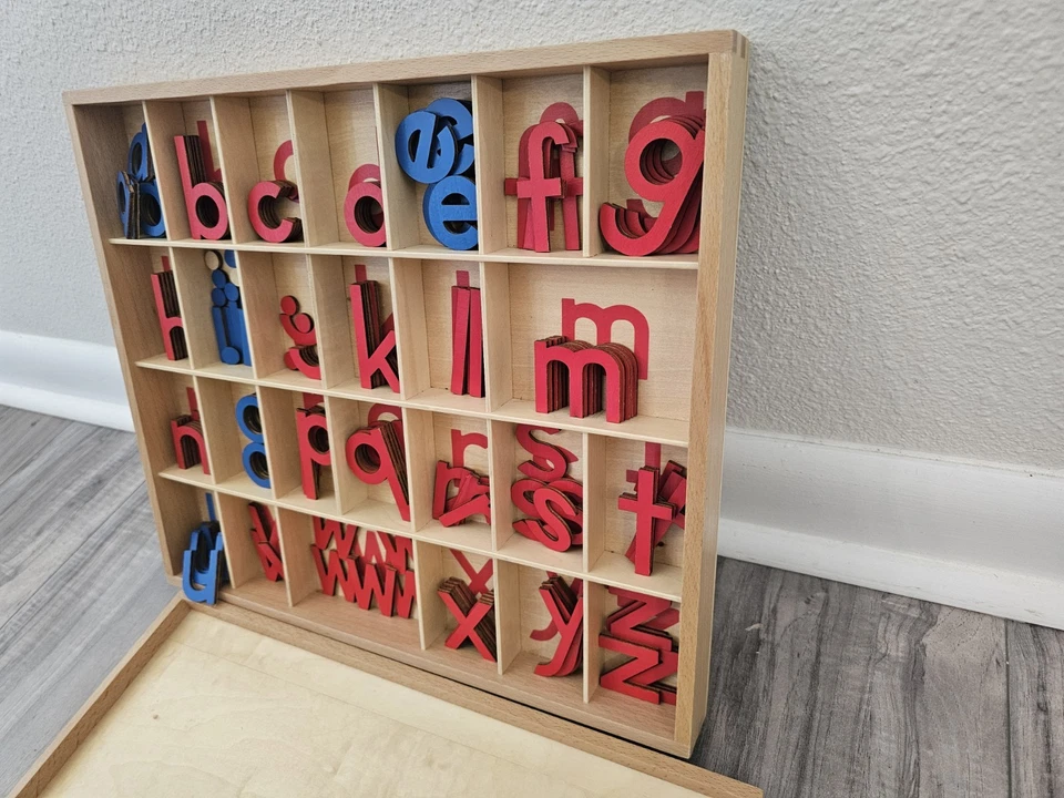Montessori Wooden Box MOVEABLE Alphabet Red & Blue Learning Manipulables Letters - Image 2 of 4