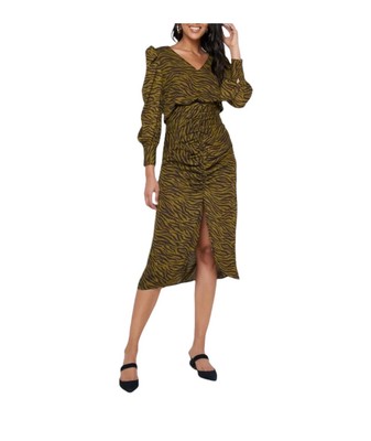 NWT Moon River Anthropologie Tiger Animal Stripe Ruched Green Midi Dress. SIZE M