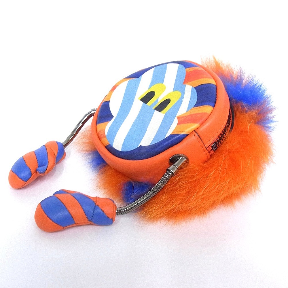 Fendi Pouch Key Holder Bag Charm 7AR549 Orange Blue Used Grade A
