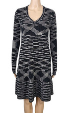 MISSONI Black White Patterned Virgin Wool Knit V Neck Mini Sweater Dress 40/4 US