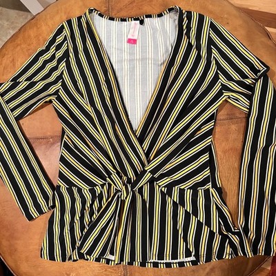 Y2K Womens M 7-9 Striped Wrap Tie Front Long Sleeve Top Black Yellow