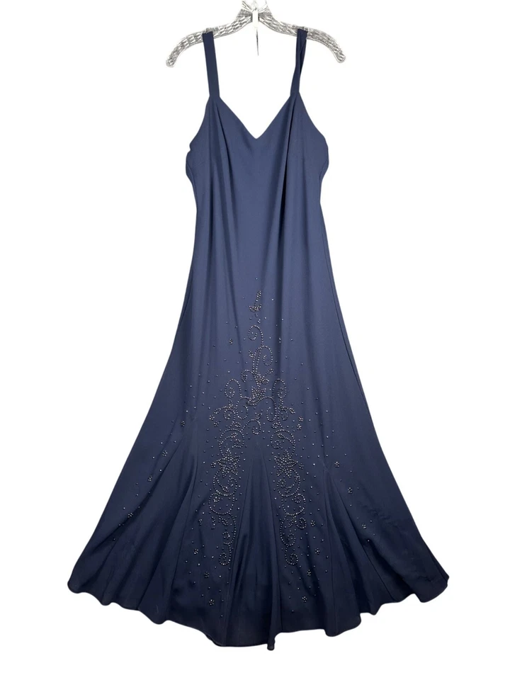 R&M Richards Navy Blue Evening Formal Dress Gown Size 14 Maxi Long Beaded Party - Image 2 of 4
