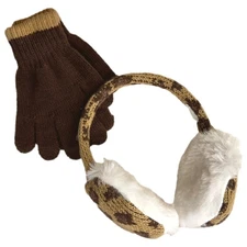 Girls Plush Brown Leopard Print Fluffy Ear Muff Warmers Headband & Gloves Set
