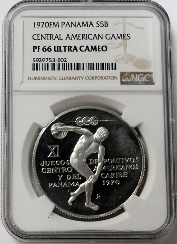 1970 SILVER PANAMA 5 BALBOAS CENTRAL AMERICAN GAMES DISCUS COIN NGC PF 66 UC