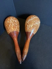 Vintage Hand Carved Wooden Maracas Republica Dominican Sun 