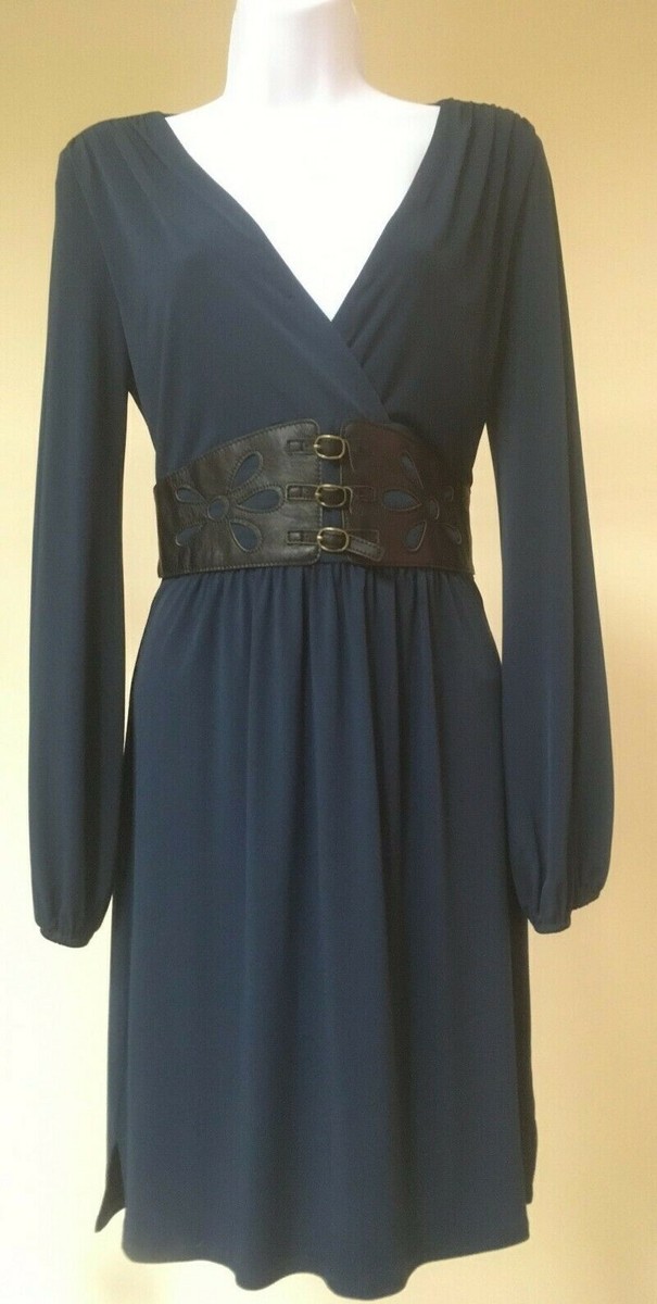 Laundry by Shelli Segal teal dress w/faux leather trim belt- size 6.