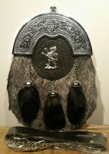 Scottish Kilt Grey Goat Skin Full Dress Sporran Celtic Antique Chrome Cantel