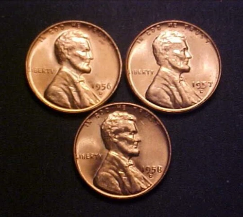 1956-57-58-D Set CH/GEM BU RED Lincoln Cents- 3 Great Collector Coins!-c4096xux