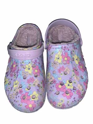 Crocs Baya Purple Floral Fur Lined Clog Shoes size J