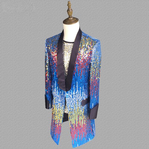 Men Shiny Fancy Sequin Tuxedo Long Suit Blazer Tailcoat Dress Coat Jacket Suit - Foto 8 di 13
