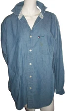 Y2K 90's Tommy Hilfiger Jeans Denim Chambray Button  Shirt Mns L Flag Logo READ