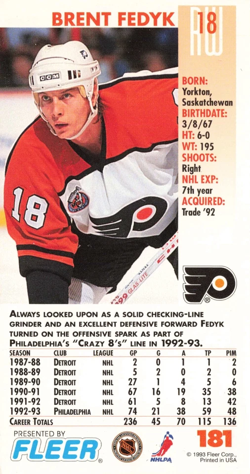 Brent Fedyk 1993 Fleer PowerPlay #181 Philadelphia Flyers - Image 2 of 2