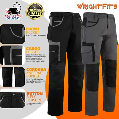 WRIGHTFITS Men Work Trousers Heavy Duty with Knee Pad Pockets Black & Grey Cargo Trouser