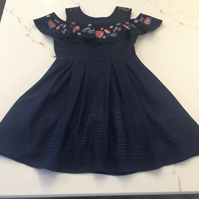 Girls Navy/turquoise Netted Striped  Off Shoulder Floral Embroidered Dress Sz 12