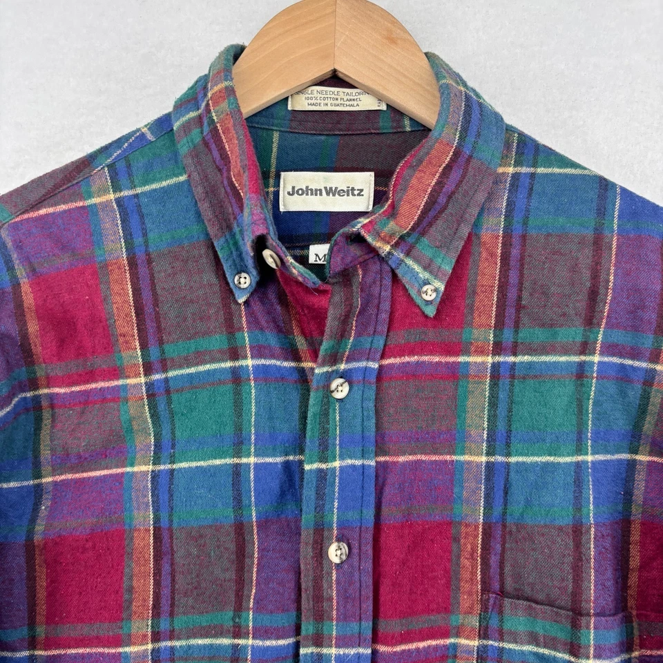 JOHN WEITZ 衬衫男式 M 法兰绒格子单针纽扣棉红色复古 — 第 4/4 张图片