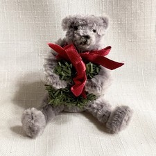 JOINTED Teddy BEAR Handmade Costume Vintage Miniature Grey W/ Christmas Wreath