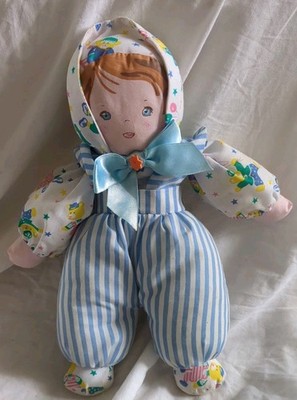 Vintage 80er Jahre Stofftier Stoffpuppe weiches Tuch pastellfarben 33 cm Glocke innen 