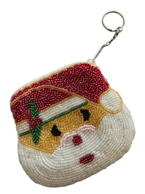 Vintage Beaded Santa Claus Coin Purse Keychain Zippered Pouch, Christmas gift