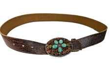 Vtg Cache "M" Brown Distressed Leather 1.5" Belt w/ Ornate Western Stone Buckle