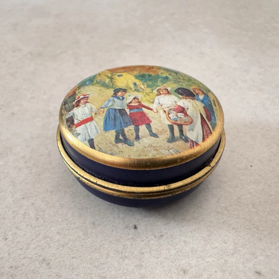 Vintage Pillendose aus Metall blau-gold mit Kindermotiv - Bild 2 von 4