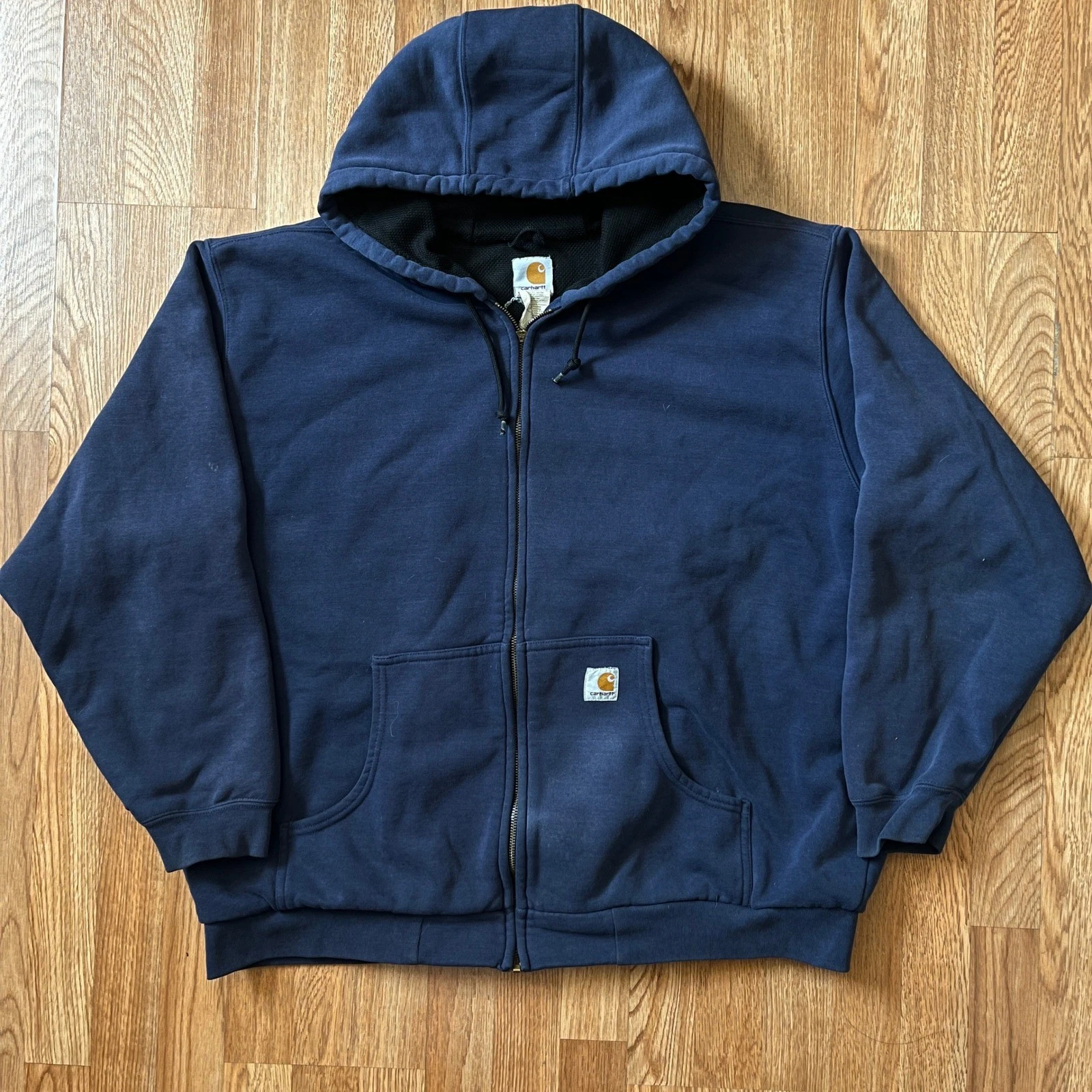 VTG Carhartt J149 NVY Navy Blue Thermal Lined Full Zip Hoodie Mens 2XL Regular