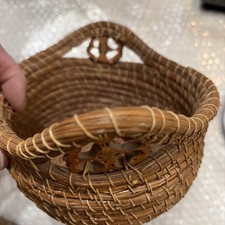 Creative Pine Needle Basket With Sliced Walnut Inserts In Handles Tightly Woven