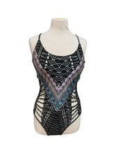 Vntg Y2K juniors No Boundaries One Piece cutout Swimsuit L Black Pink tribal