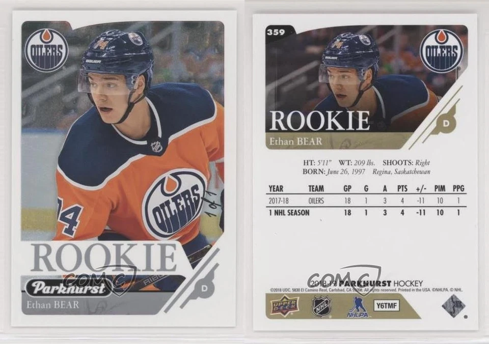 2018-19 Upper Deck Parkhurst Rookies Platinum 1/1 Ethan Bear #359 Rookie RC w9e - Image 3 of 3