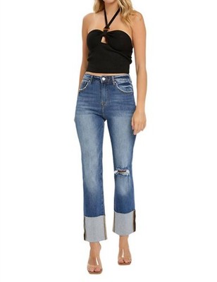 Risen High Rise Ankle Straight Wide Cuffed Jeans Blue