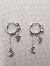 Sterling Silver Cubic Zirconia Star and Moon Dangle Earrings 28mm