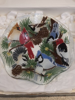 Vintage Winter Birds Fused 8.5  Glass Bowl by Peggy Karr Art Cardinal Blue Jay