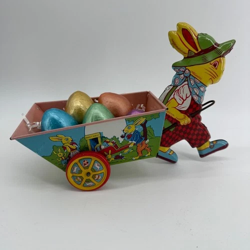 Vintage 1950s J Chein & Co Tin Easter Bunny Rabbit Pulling Cart Tin Litho Toy