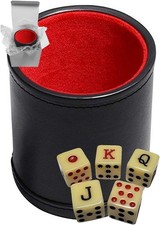 Dice Cup Set Black PU Leather Red Felt Spanish Poker Dice Gift Boxed - New