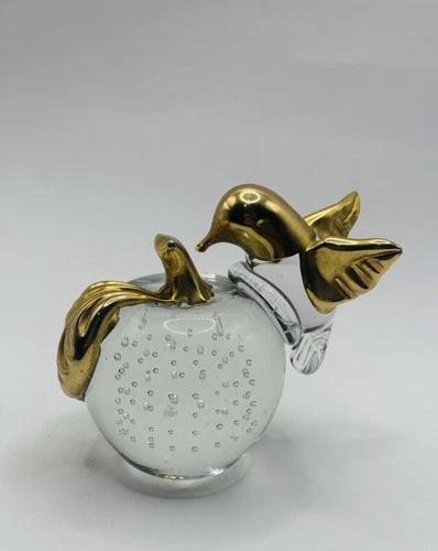 Vintage Murano Style Art Glass Apple Paperweight w/ Gold Bird & Bullicante