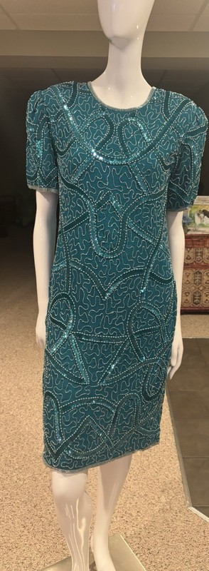 Beaded dress sequin cocktail party formal knee-length green size M beautiful!