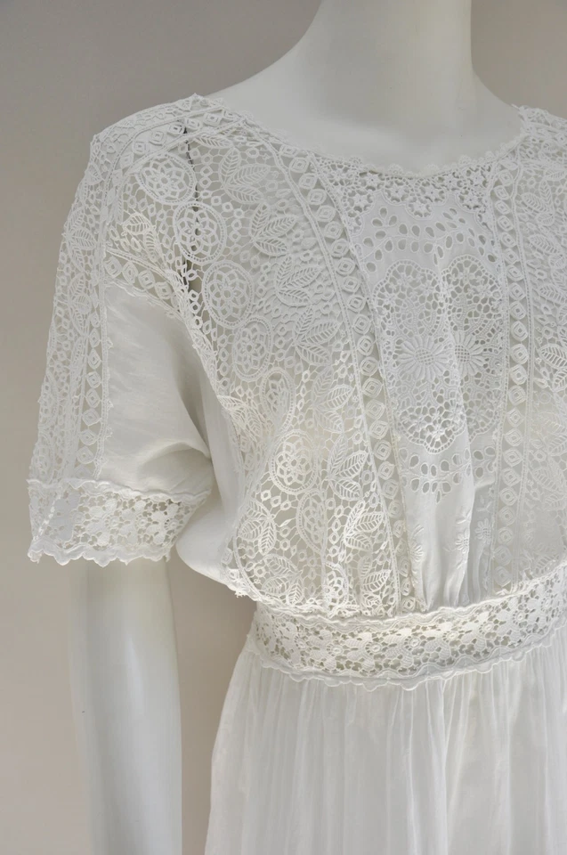 Antiguo Vestido de Boda de Colección Años 1900 Eduardiano Blanco Algodón Floral Encaje Fiesta del Té XS Foto 3 de 4