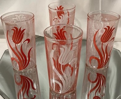Hazel Atlas Red & White Tulip Drinking 4.75'' Juice Glass Vintage - Set of 4 EUC