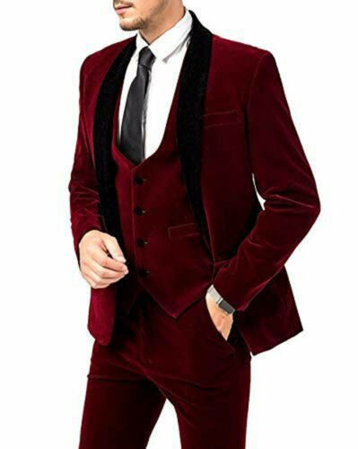 Men Maroon Velvet Suits Designer Wedding Grooms Casual suits(Coat+Vest+Pants) - Picture 1 of 3