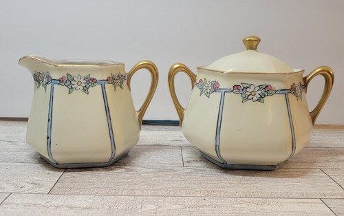Vintage Hand Painted Creamer and Covered Sugar Made in Germany Hexagon Shape - Picture 2 of 8