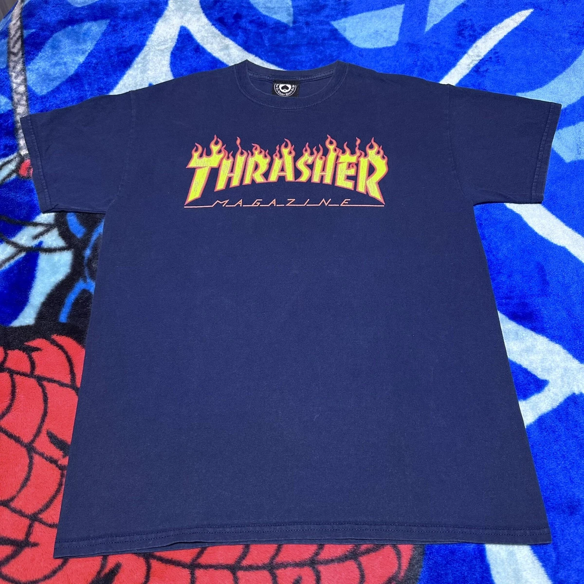 Thrasher Magazine Fire Flame Spellout Skateboarding Navy T-Shirt