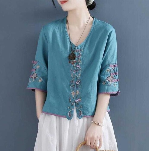 Damen Shirt Leinen Chinesischer Stil Rundhals Cardigan Bluse Stickerei Retro - Bild 8 von 21