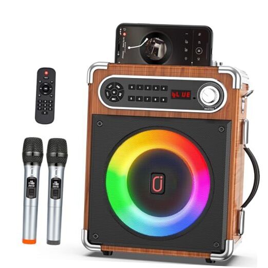 Bluetooth Speaker with Two Wireless Microphones, Outdoor Speaker with Wood-image