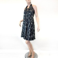 NICOLE MILLER Designer Vintage Y2K Black Flower Open Back Halter Dress 10