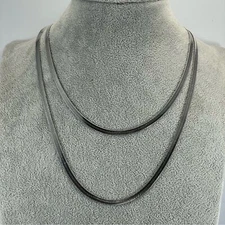 Silver Tone Flat Snake Chain Dual Layer Necklace Statement Fashion Stunning