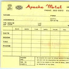 1970s Sundance, Wy Apache Motel Registration Receipt Ephemera Vtg AAA Hotel 2B