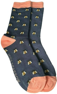 Bee Socks Ladies Bumble Bees Blue Pink Bamboo Cotton Blend Womens Socks 4 - 7