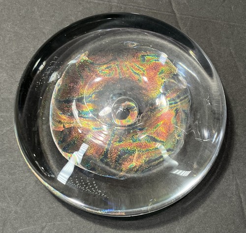 Artist Signed Nagy 6" Round Clear Glass Paperweight w/ Iridescent Orange & Green - Picture 3 of 3