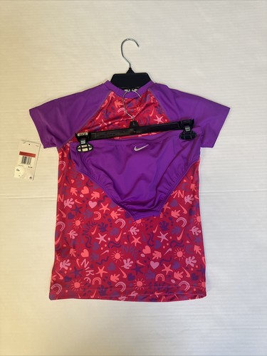 Nike Girl’s Pink Rash Guard Short Sleeve Shirt And Bikini Bottom Set Size L - Picture 2 of 4