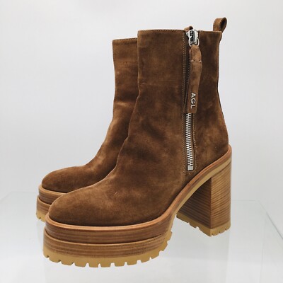 AGL TORA PLATFORM SUEDE CHUNKY BLOCK ANKLE BOOT COGNAC EU 40 US 10 M